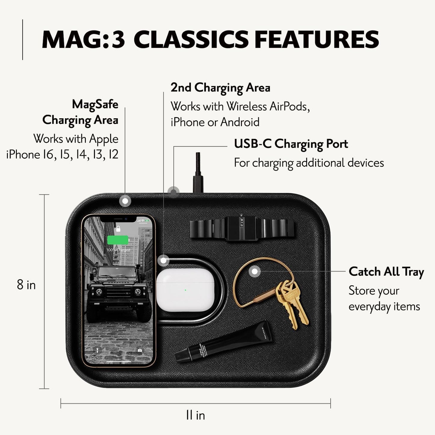MAG:3 Classics Charger and Tray - Italian Leather, Multi-Device Charger Compatible with Magsafe Iphones 16, 15, 14, 13, 12 or Wireless Airpod Cases (Black)