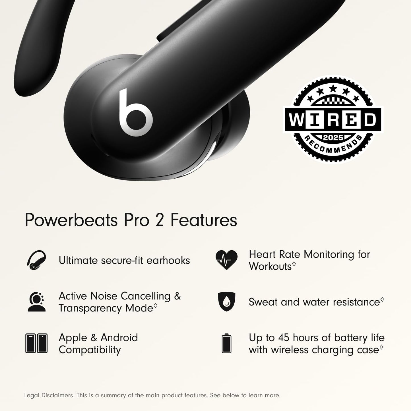 Power Pro 2 Wireless Bluetooth Earbuds - Noise Cancelling, Heart Rate Monitor, IPX4, up to 45H Battery & Charging Case, Works with Apple & Android - Jet Black