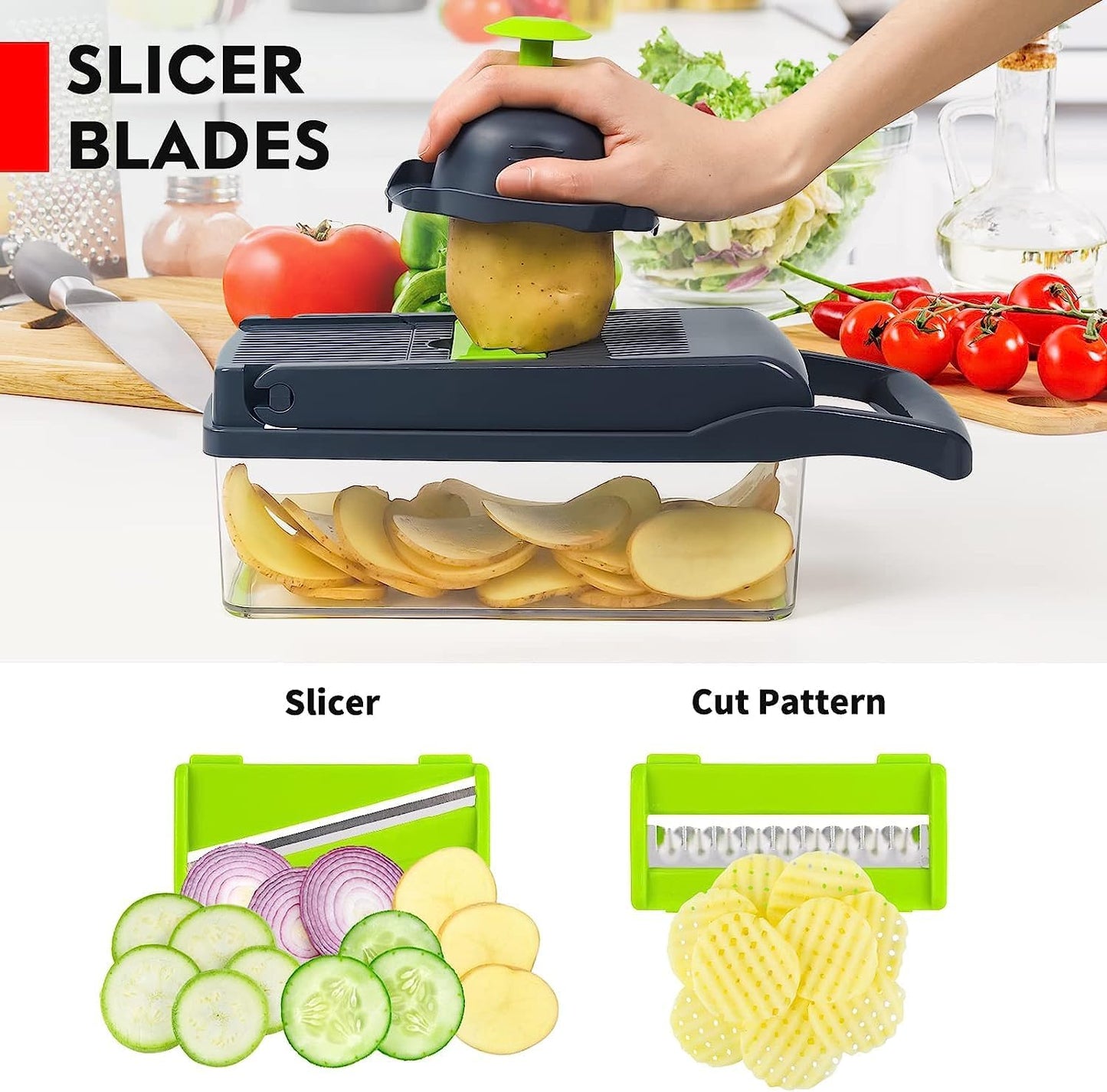 Pro 16-in-1 Multifunctional Vegetable Chopper with 8 Blades - Effortless Slicing, Dicing, and Cutting for Onions, Carrots, and Garlic - Includes Container