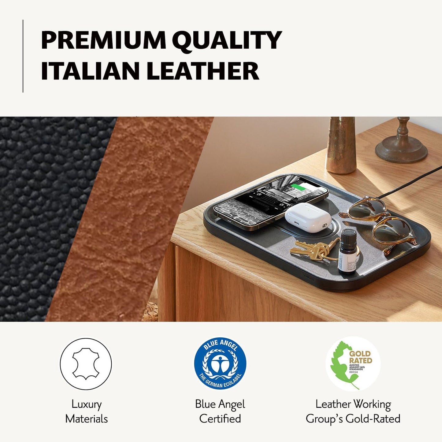 MAG:3 Classics Charger and Tray - Italian Leather, Multi-Device Charger Compatible with Magsafe Iphones 16, 15, 14, 13, 12 or Wireless Airpod Cases (Black)