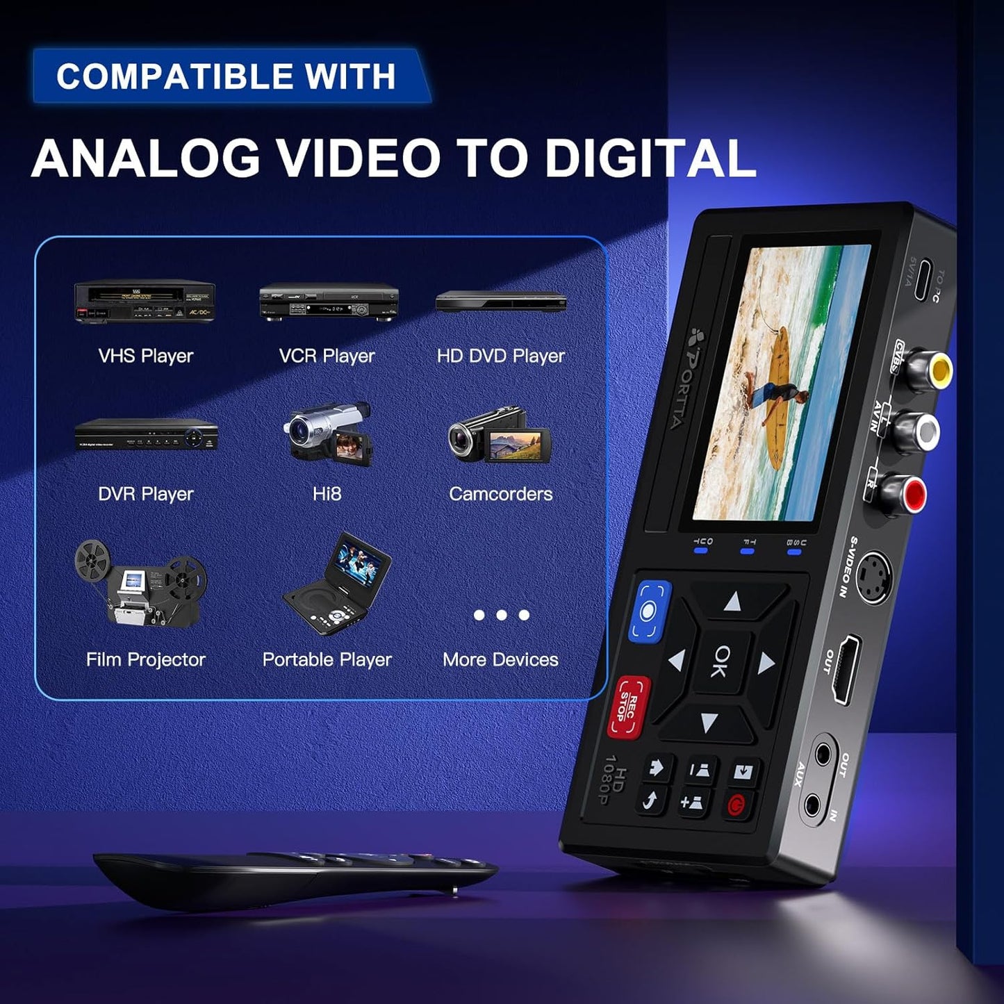 VHS to Digital Converter, Video to Digital Recorder with Remote, Compatible with VHS, VCR, DVR, DVD, Hi8, Mini DV Players, Camcorder, Gaming Consoles (Tapes/Dvd Player Not Included)