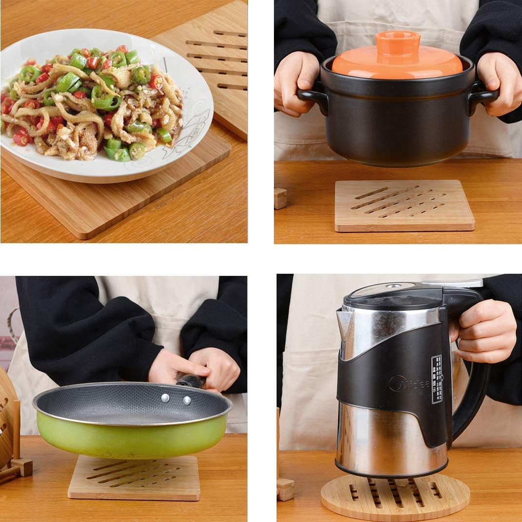 Stylish Bamboo Trivet Set - 4 Versatile Hot Pads with Storage Rack for Effortless Dining Protection