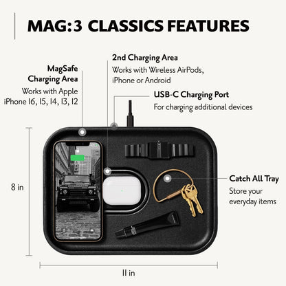 MAG:3 Classics Charger and Tray - Italian Leather, Multi-Device Charger Compatible with Magsafe Iphones 16, 15, 14, 13, 12 or Wireless Airpod Cases (Black)
