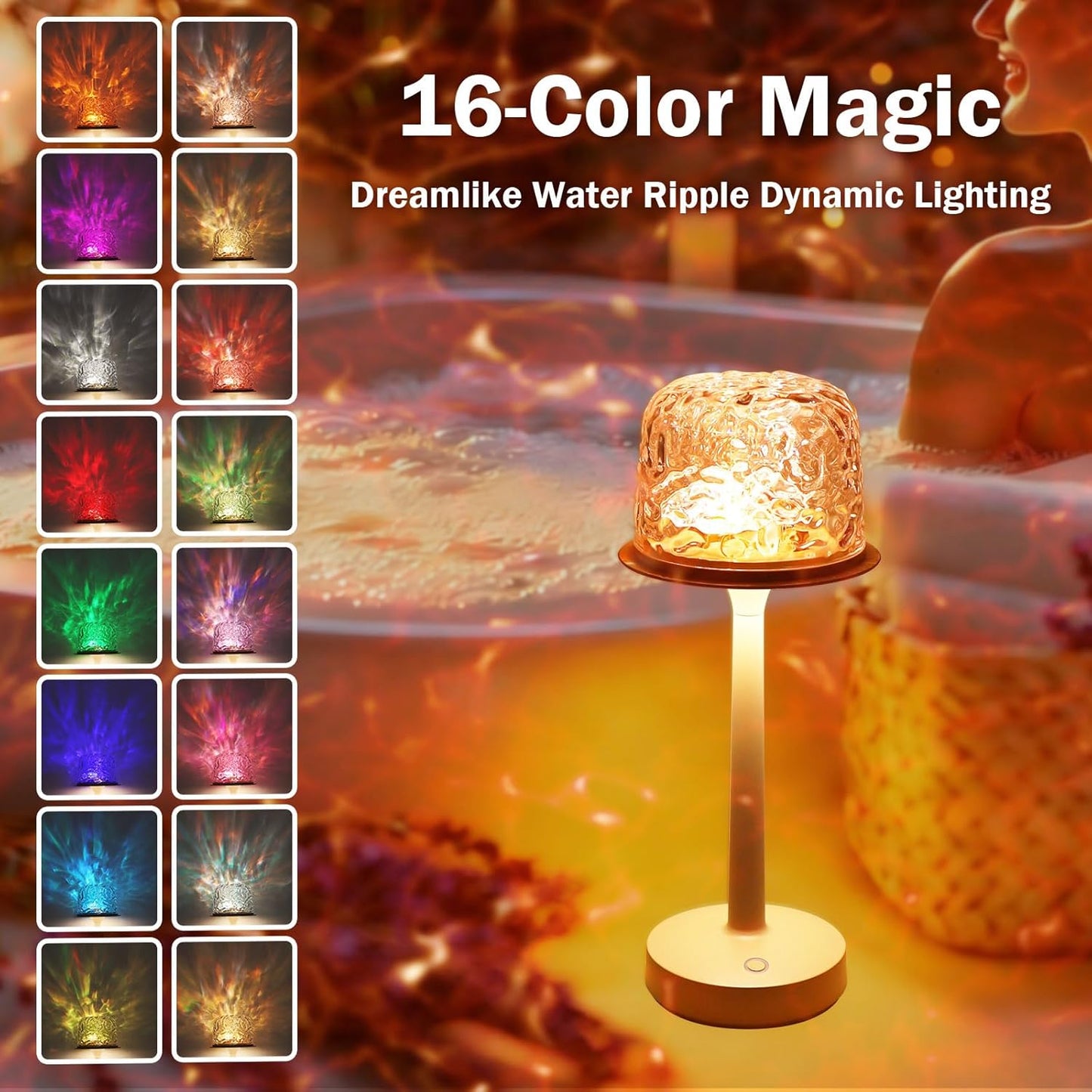 Cordless Waterproof Shower Lamp - Rechargeable 16 Color Ocean Wave Projector with Touch & Remote Control - Spa-Like Mood Light for Bathtub and Shower