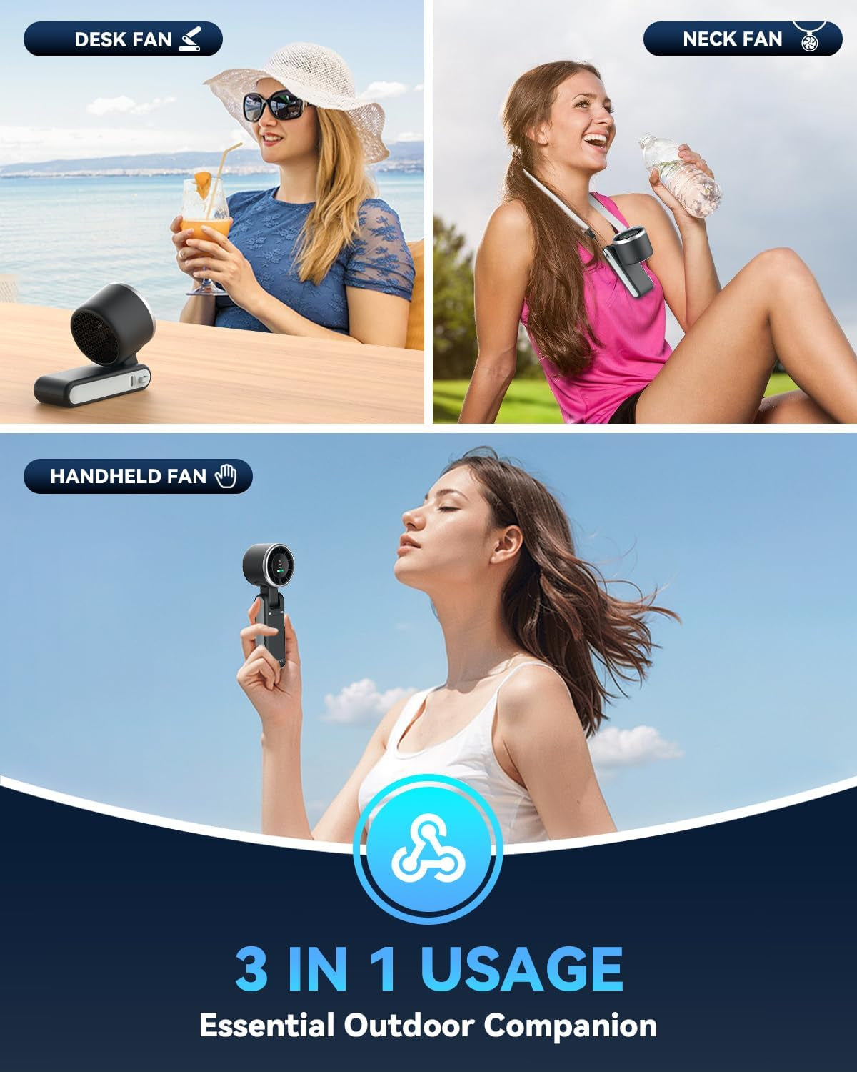 3-in-1 Portable Handheld Turbo Fan - 5 Speed, Battery Operated, 12 Hours of Cooling Power for Outdoor Activities, Travel & Beach (Black)