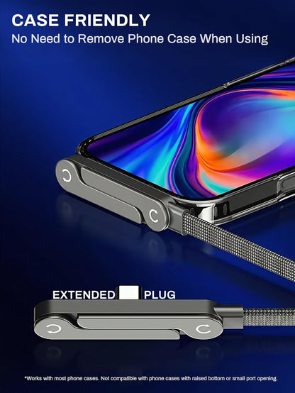 240W Ultra Fast USB C to USB C Charging Cable with Foldable T-Shaped Stand - 90 Degree Right Angle Plug - 4.9 Ft Multi-Functional Cord - Sleek Black Design