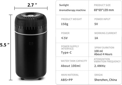 Car Diffuser - 100ml USB Mini Aromatherapy Humidifier & Air Freshener for Essential Oils - Portable for Auto & Home Use (Black)