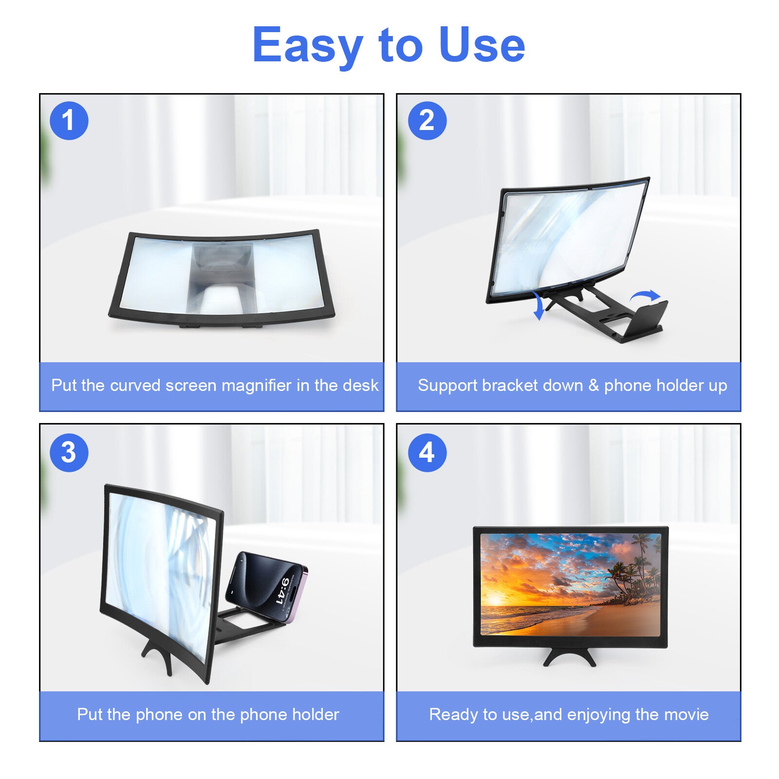 12" 3D HD Curved Screen Magnifier for Mobile Phones - Video Amplifier Stand