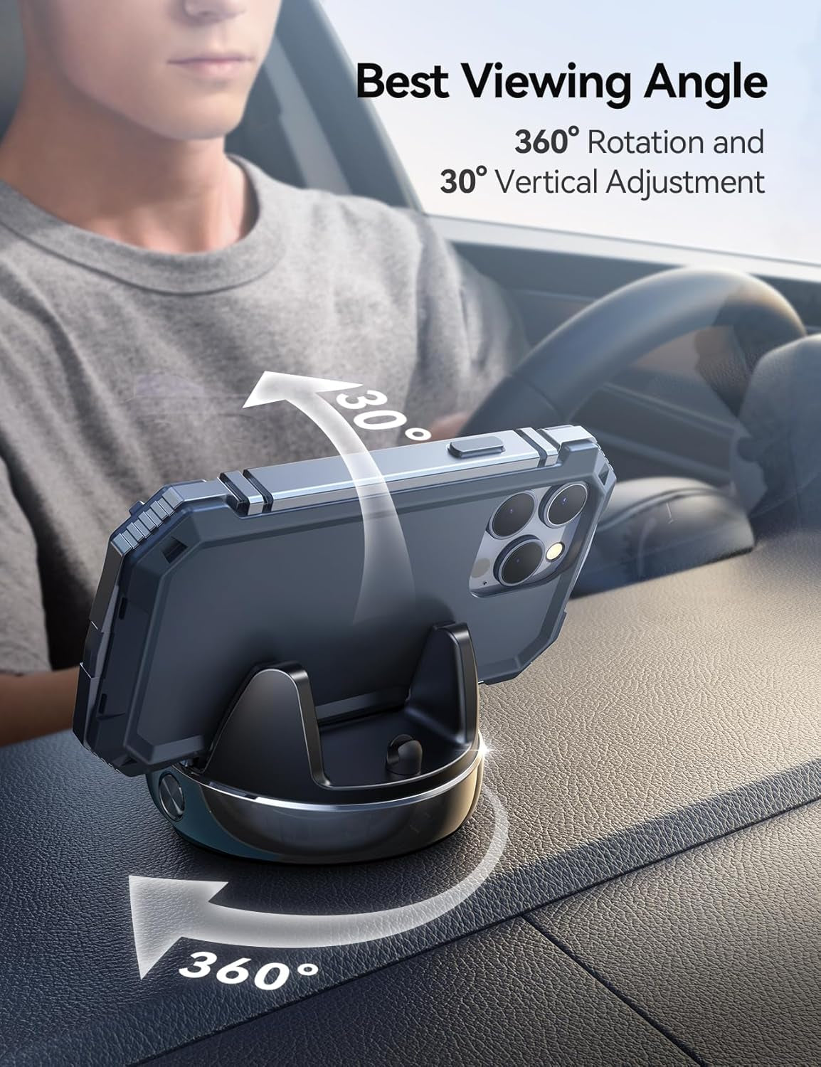 360° Adjustable Car Phone Holder - Anti-Glare Dashboard Stand for Smartphones & GPS, Slip-Free Spring Snap Design