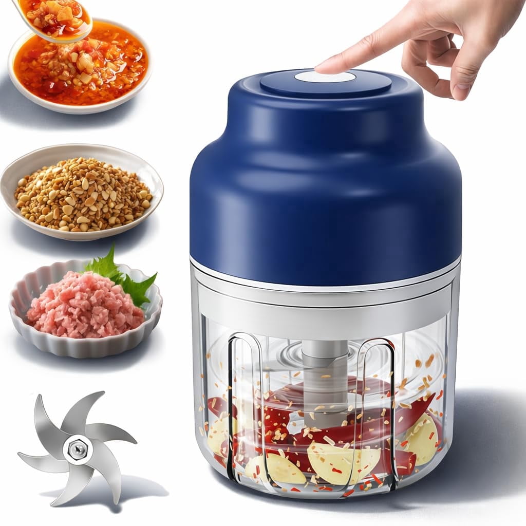 2026 Portable Rechargeable Mini Electric Garlic Chopper - 320ml Capacity with 6 Stainless Steel Blades for Effortless Chopping of Garlic, Onion, Chili, Nuts, Meat & Fruits