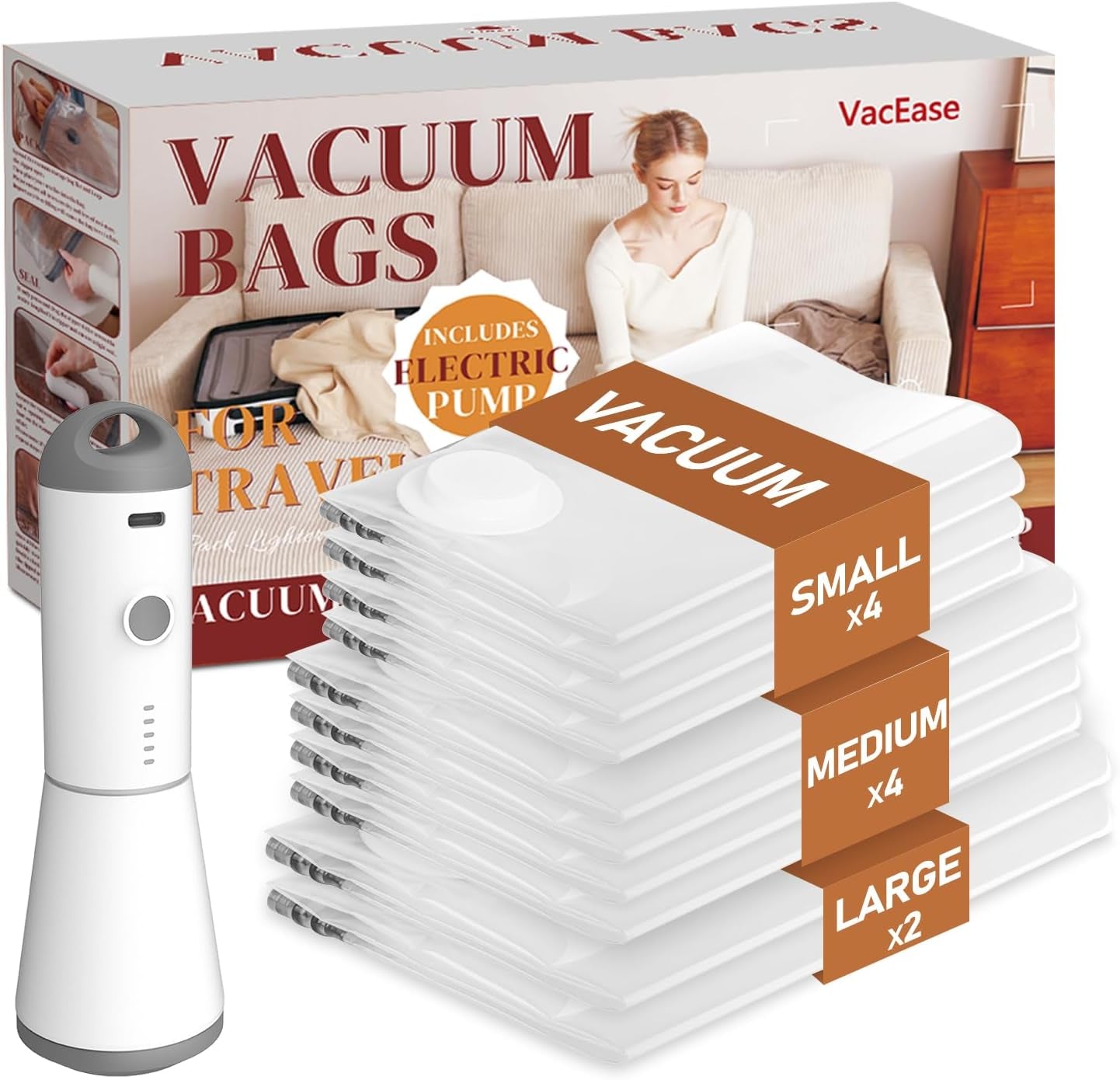 Vacuum Storage Bags with Cordless Air Pump - 10 Pack for Travel & Home, Includes 2 Large, 4 Medium, & 4 Small Bags for Clothes & Blankets
