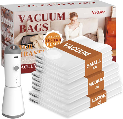 Vacuum Storage Bags with Cordless Air Pump - 10 Pack for Travel & Home, Includes 2 Large, 4 Medium, & 4 Small Bags for Clothes & Blankets