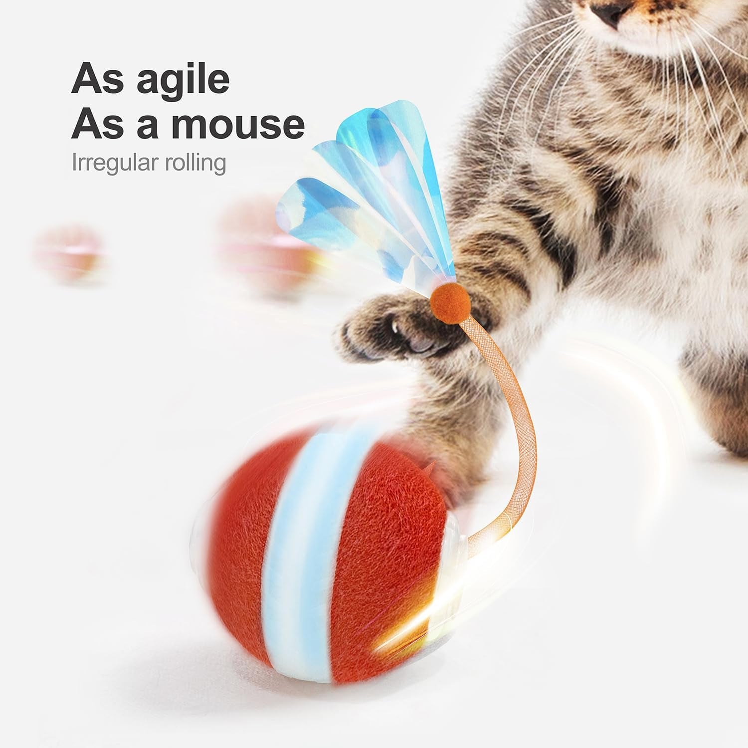 Agile Moving Cat Ball with Elastic Mesh Tail -360° Automatic Rolling- Interactive Automatic Toy for Bored Indoor Cats & Dogs