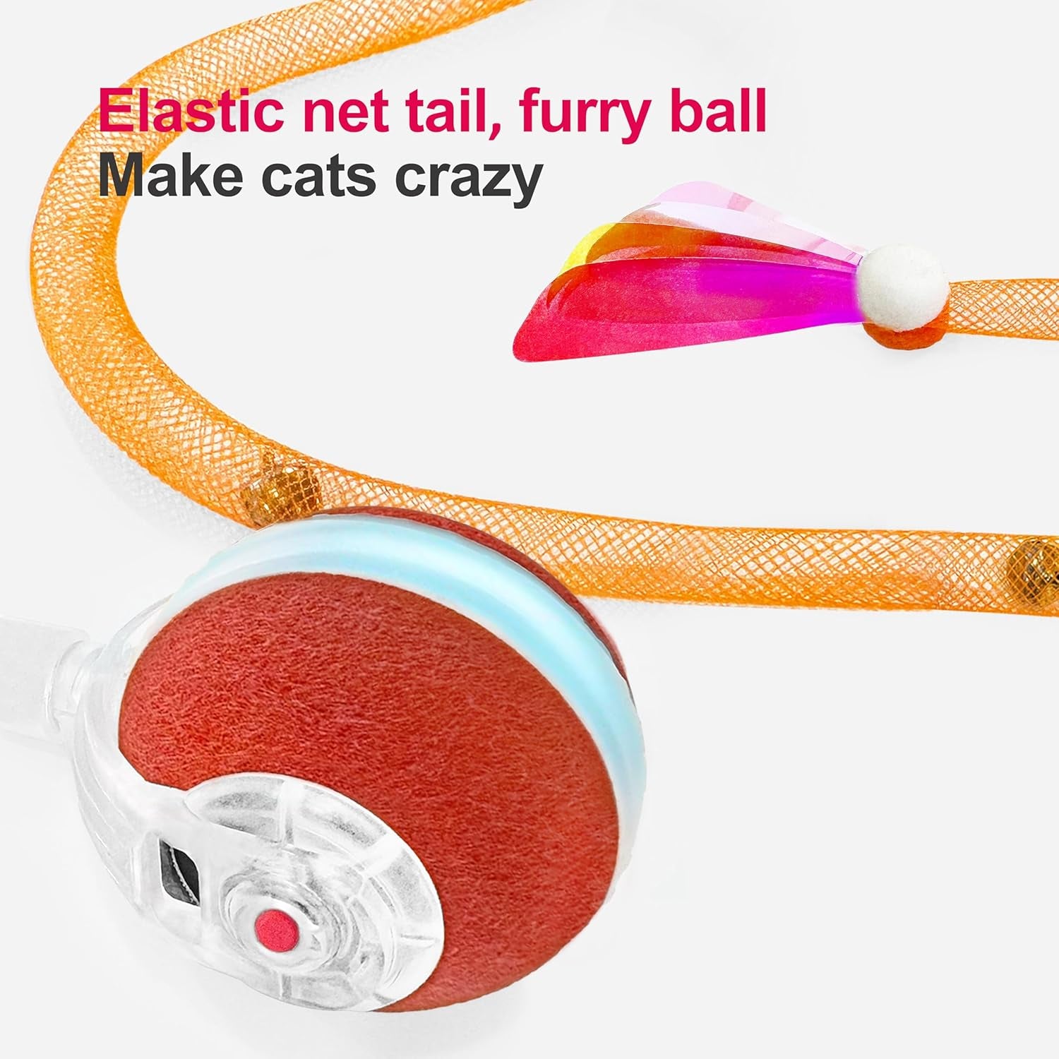 Agile Moving Cat Ball with Elastic Mesh Tail -360° Automatic Rolling- Interactive Automatic Toy for Bored Indoor Cats & Dogs