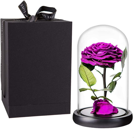 Purple Roses Handmade Rose in Glass Dome, Preserved Flowers Never Withered Romantic Gifts for Her, Mother'S Day, Birthday Gifts for Women (9 Inch, Purple)
