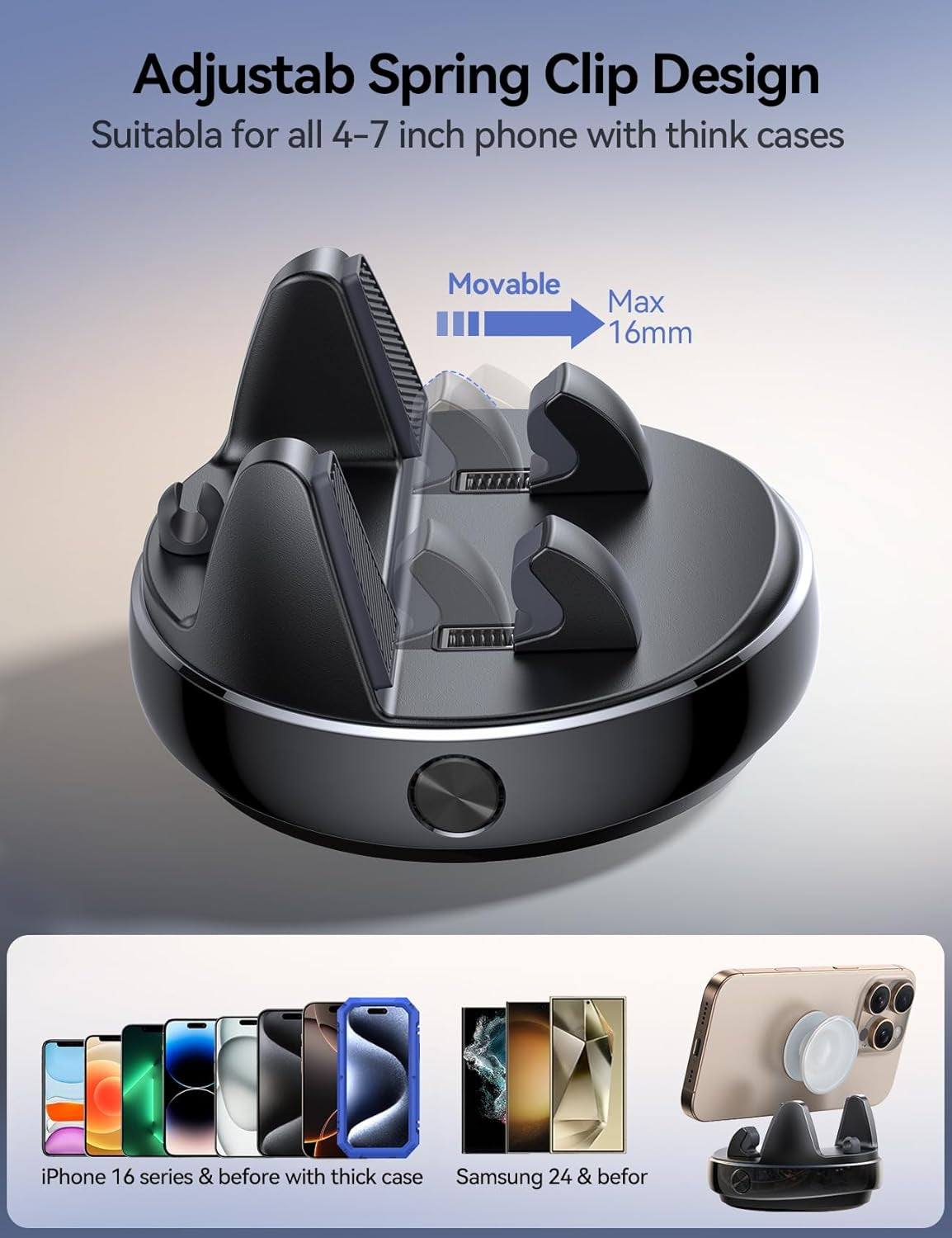 360° Adjustable Car Phone Holder - Anti-Glare Dashboard Stand for Smartphones & GPS, Slip-Free Spring Snap Design