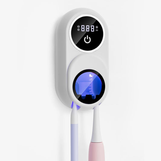 UV Toothbrush Sanitizer & Holder - 2 Slot Wall-Mounted Toothbrush Cleaner with LED Smart Screen, Fan & Heat Drying for a Hygienic Bathroom (White)