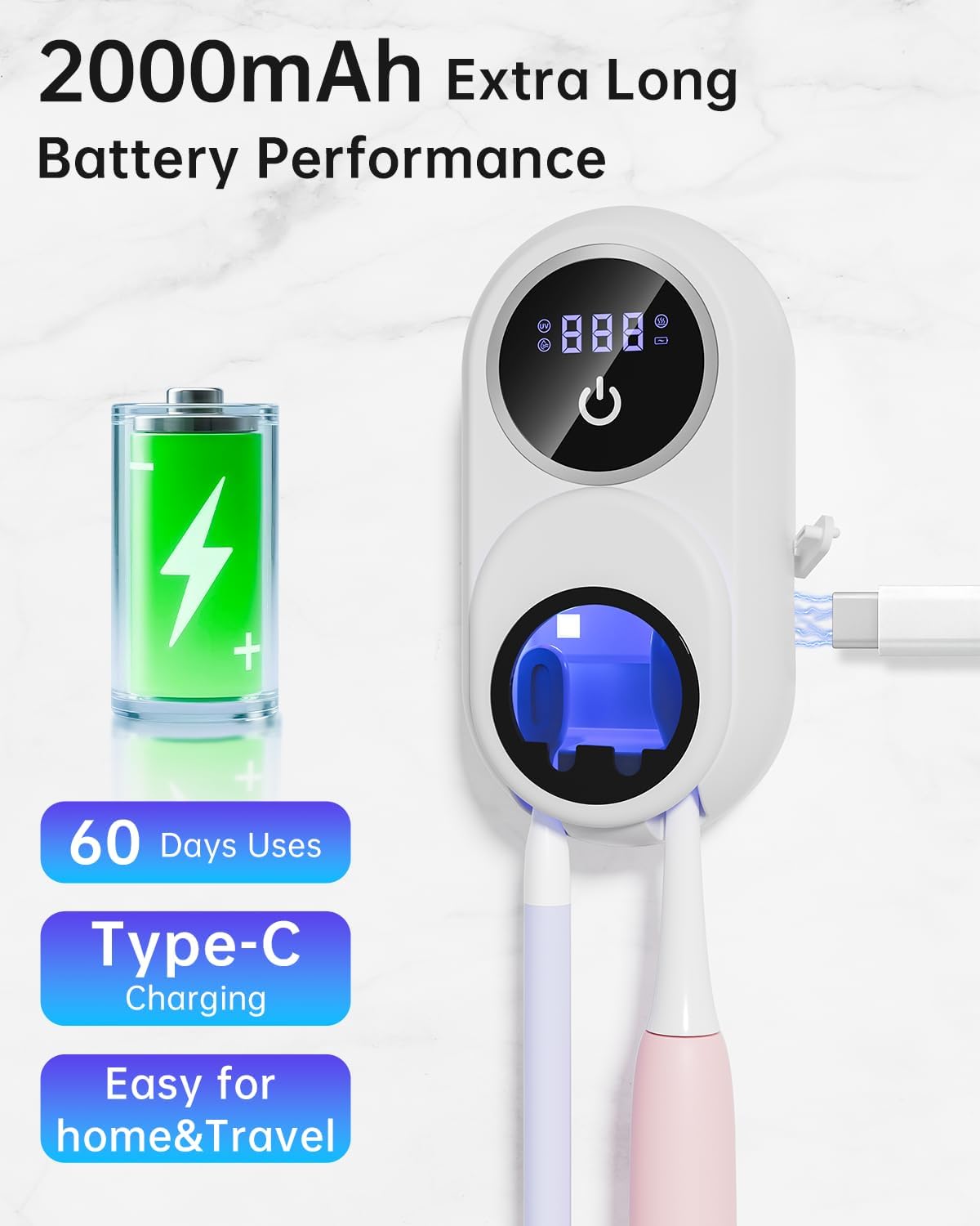 UV Toothbrush Sanitizer & Holder - 2 Slot Wall-Mounted Toothbrush Cleaner with LED Smart Screen, Fan & Heat Drying for a Hygienic Bathroom (White)