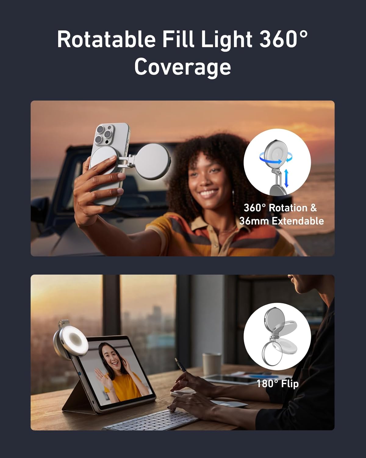 C03 Magnetic Selfie Light - Perfect for iPhone MagSafe, CRI97 360° LED Ring Light with Mirror for Stunning Selfies, Photography, TikTok, Zoom Calls & Video Conferencing