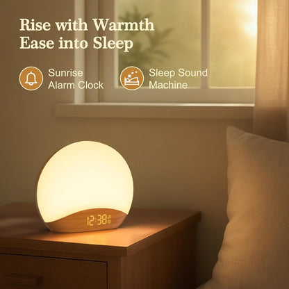 Sunrise Alarm Clock & Sound Machine - Wood Grain Design, Dimmable Nightlight, 26 Sleep Sounds, Perfect for Babies & Adults