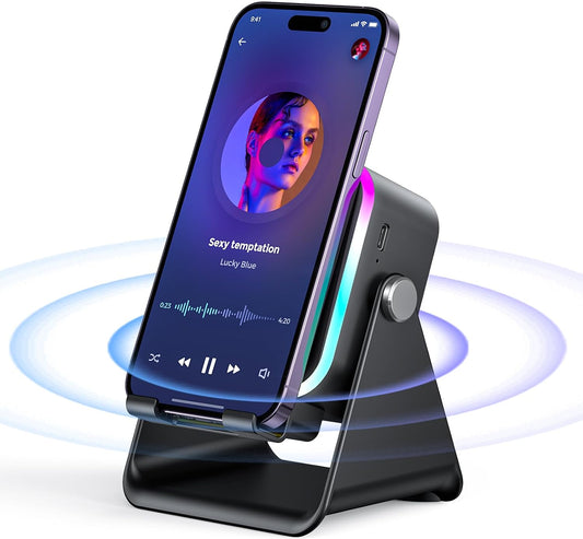 5-in-1 Wireless Induction Speaker & Phone Stand - Colorful Rechargeable Bluetooth Audio for iPhone & Android - Perfect Birthday Gift for Men, Women & Teens (Black)