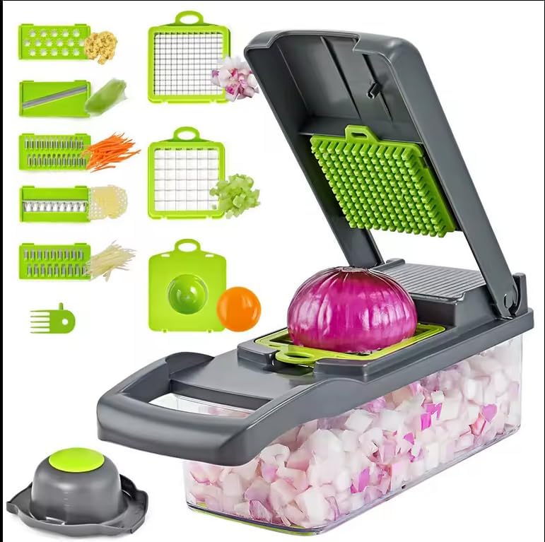 Pro 16-in-1 Multifunctional Vegetable Chopper with 8 Blades - Effortless Slicing, Dicing, and Cutting for Onions, Carrots, and Garlic - Includes Container