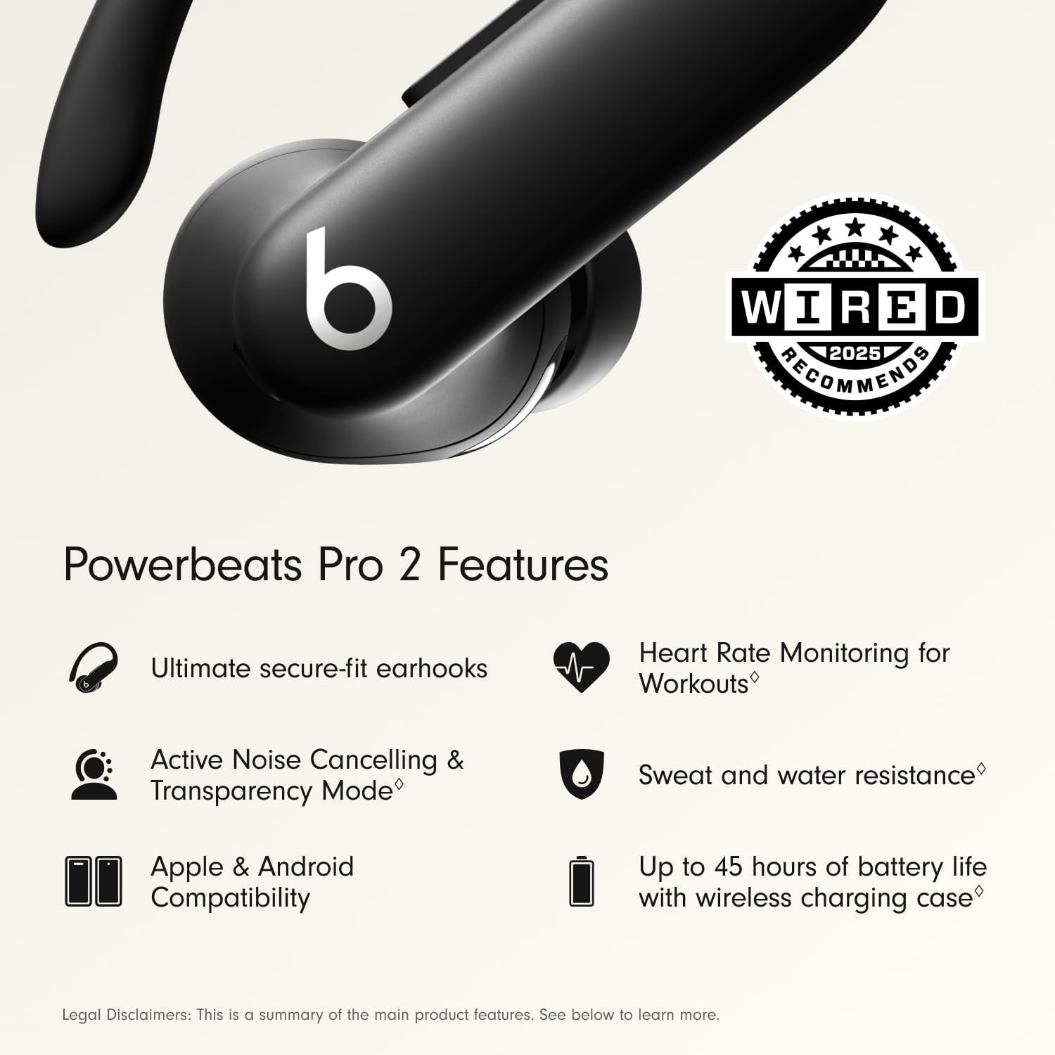 Power Pro 2 Wireless Bluetooth Earbuds - Noise Cancelling, Heart Rate Monitor, IPX4, up to 45H Battery & Charging Case, Works with Apple & Android - Jet Black