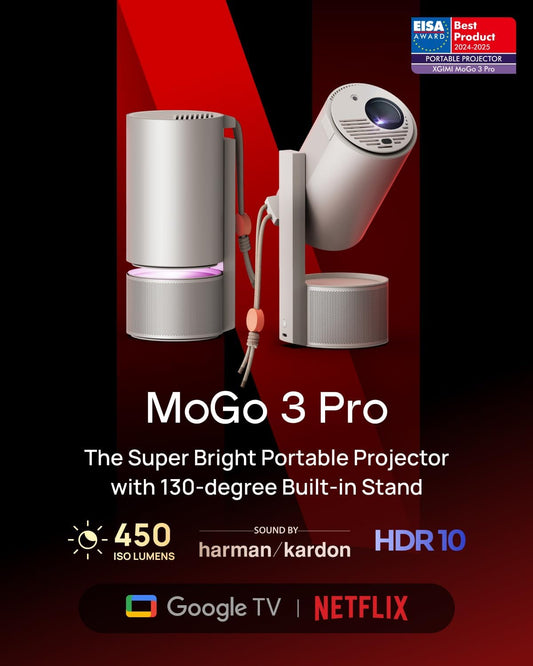 Mogo 3 Pro NEW Portable Projector, Google TV with Licensed Netflix, Build-In Adjustable Stand, Mini Projector Supports Power Banks, 450 ISO Lumens, ISA 2.0, 2 X 5W Harman Kardon