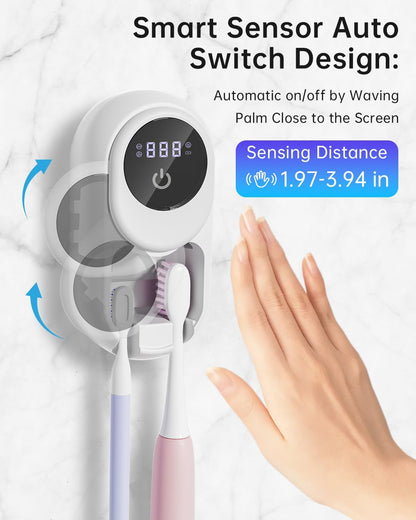 UV Toothbrush Sanitizer & Holder - 2 Slot Wall-Mounted Toothbrush Cleaner with LED Smart Screen, Fan & Heat Drying for a Hygienic Bathroom (White)