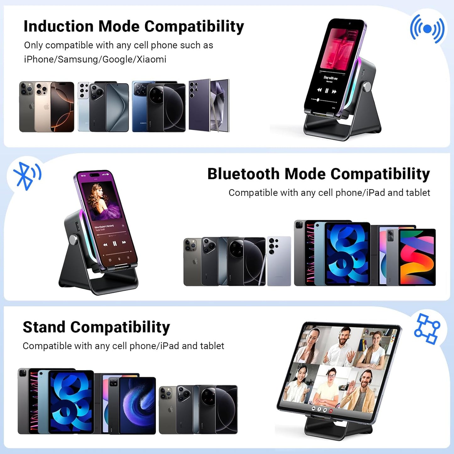 5-in-1 Wireless Induction Speaker & Phone Stand - Colorful Rechargeable Bluetooth Audio for iPhone & Android - Perfect Birthday Gift for Men, Women & Teens (Black)