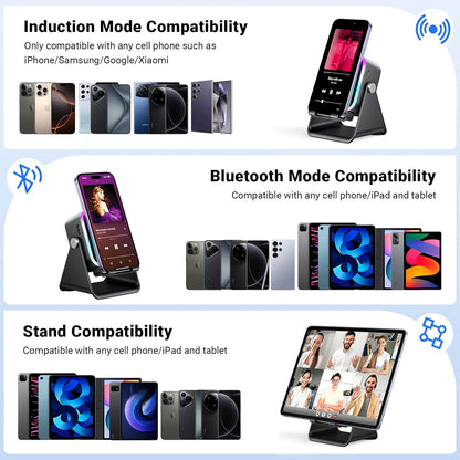 5-in-1 Wireless Induction Speaker & Phone Stand - Colorful Rechargeable Bluetooth Audio for iPhone & Android - Perfect Birthday Gift for Men, Women & Teens (Black)