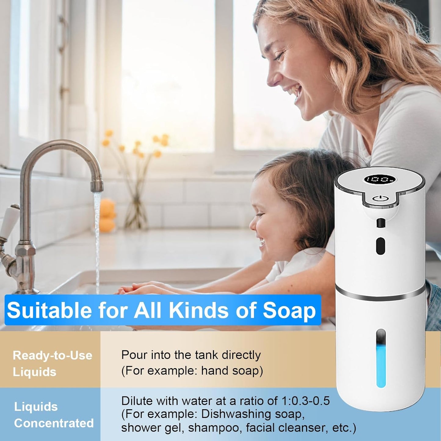 Touchless Automatic Liquid Soap Dispenser - USB Rechargeable, Adjustable 6 Levels, 12.8Oz Wall Mounted for Kitchen & Bathroom - Sleek White Design