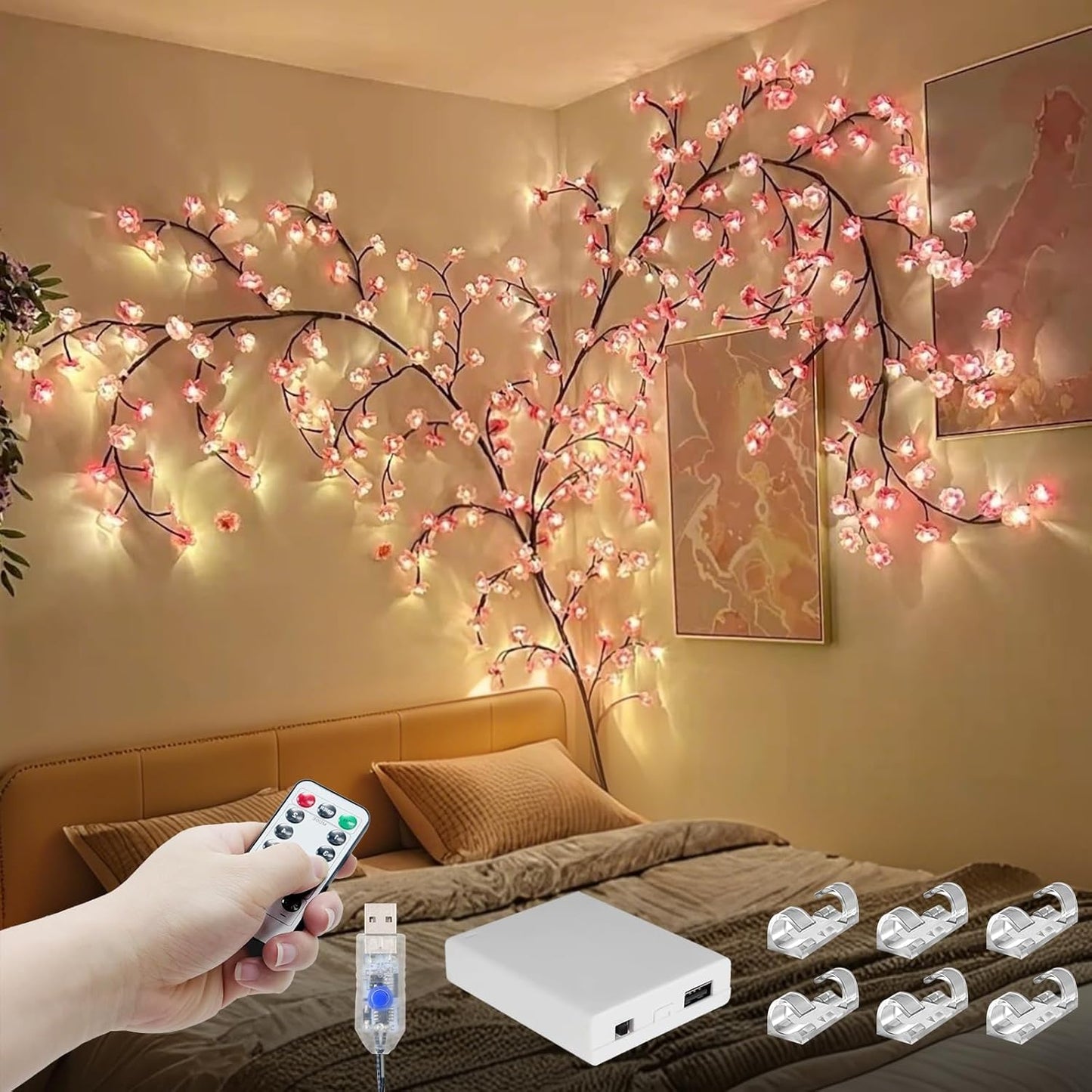 4FT Pink Cherry Blossom Vine Lights - 48 LED Enchanted Willow Branches with Remote Timer, 8 Light Modes, Perfect for Bedroom, Weddings & Christmas Decor, USB Battery Operated