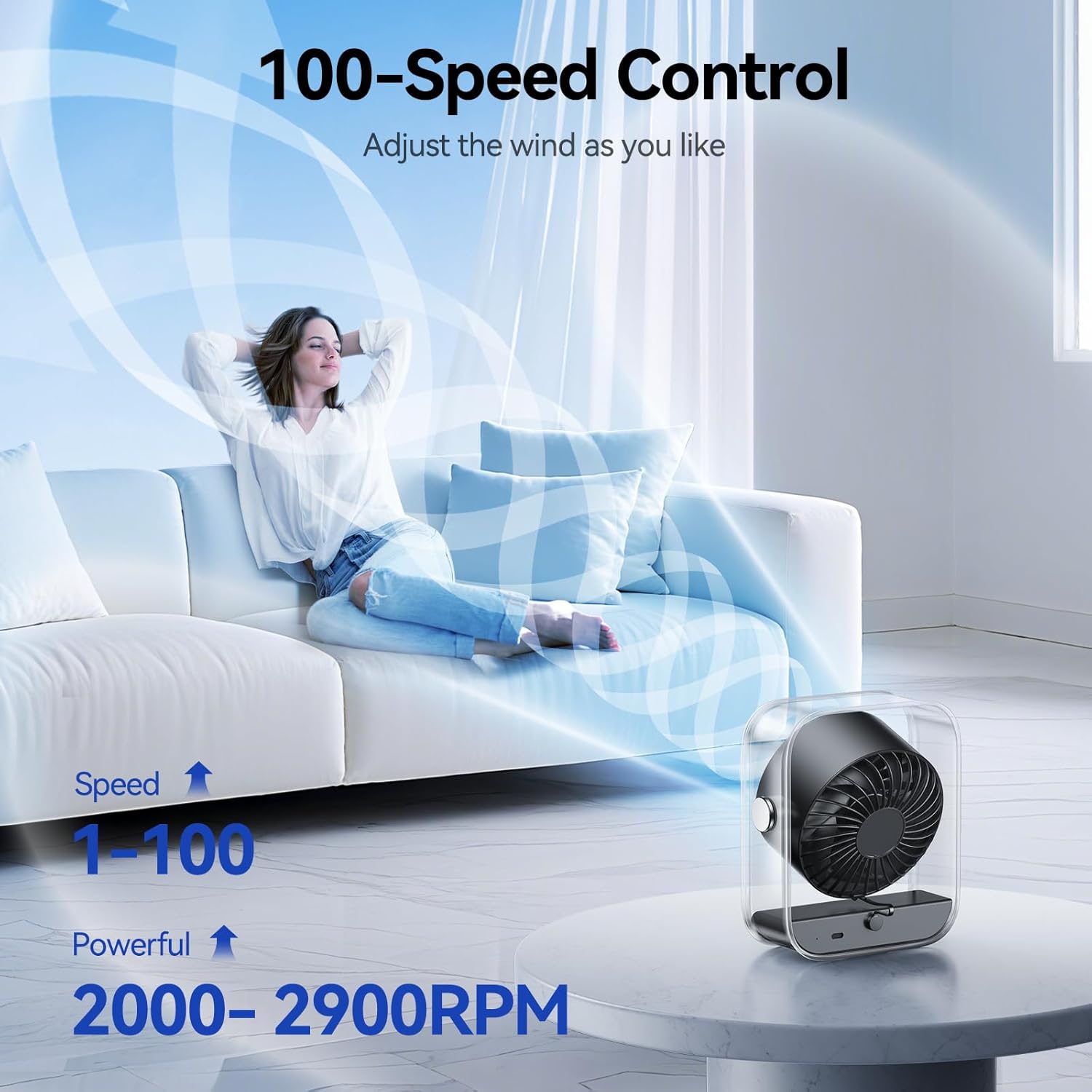 Rechargeable USB Desk Fan - Ultra Quiet, 100 Speed Turbo Airflow, Digital Display & 90° Rotation - Perfect for Home, Office & Travel - Compact & Portable in Black