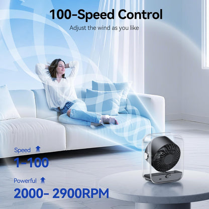 Rechargeable USB Desk Fan - Ultra Quiet, 100 Speed Turbo Airflow, Digital Display & 90° Rotation - Perfect for Home, Office & Travel - Compact & Portable in Black
