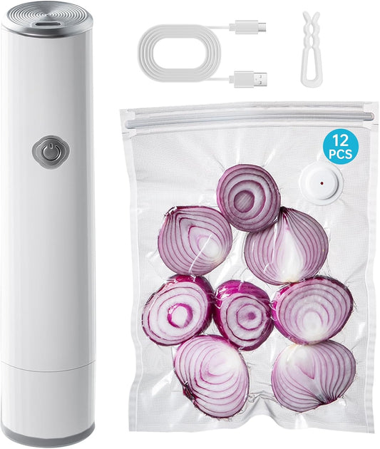 Handheld Cordless Vacuum Sealer for Food - Compact, Portable, Includes 12 Reusable Bags for Meal Prep & Sous Vide