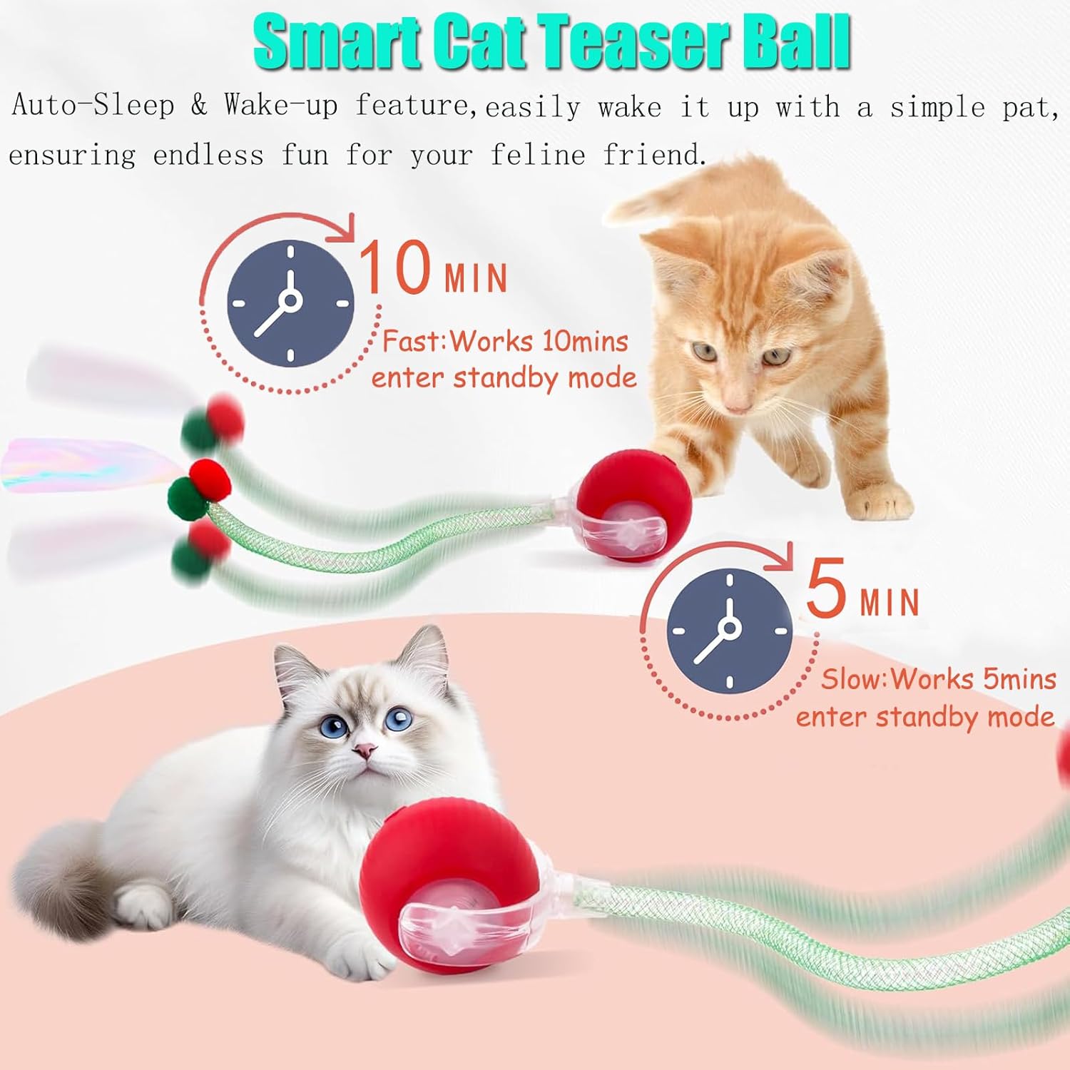 Agile Moving Cat Ball with Elastic Mesh Tail -360° Automatic Rolling- Interactive Automatic Toy for Bored Indoor Cats & Dogs