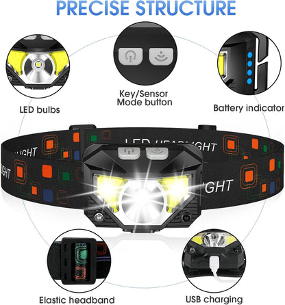 Headlamp Flashlight, Lumen Ultra-Light Bright LED Rechargeable Headlight with White Red Light, 2-Pack Waterproof Motion Sensor Head Lamp,8 Modes for Outdoor Camping Running Hiking Fishing