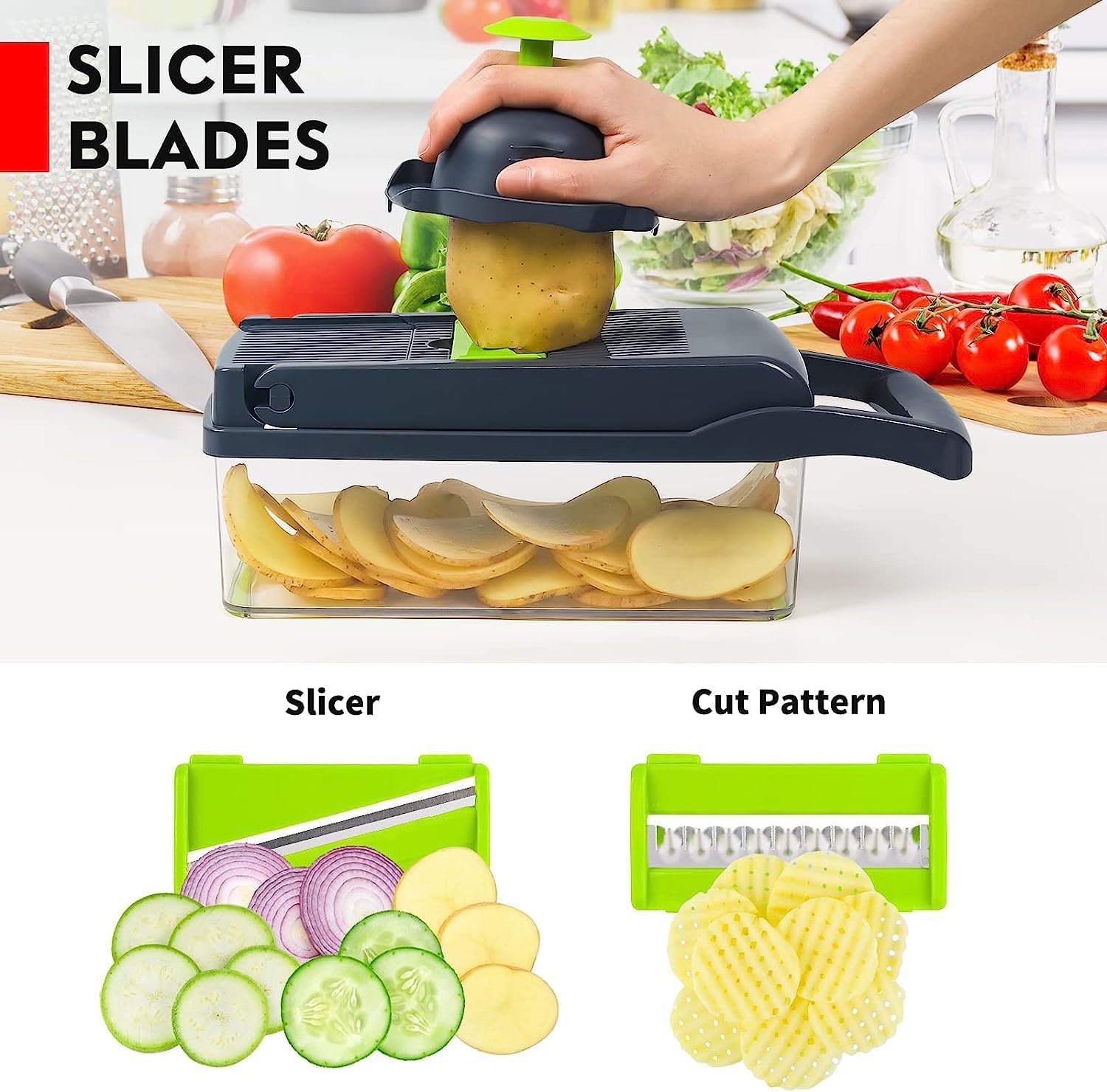 Pro 16-in-1 Multifunctional Vegetable Chopper with 8 Blades - Effortless Slicing, Dicing, and Cutting for Onions, Carrots, and Garlic - Includes Container