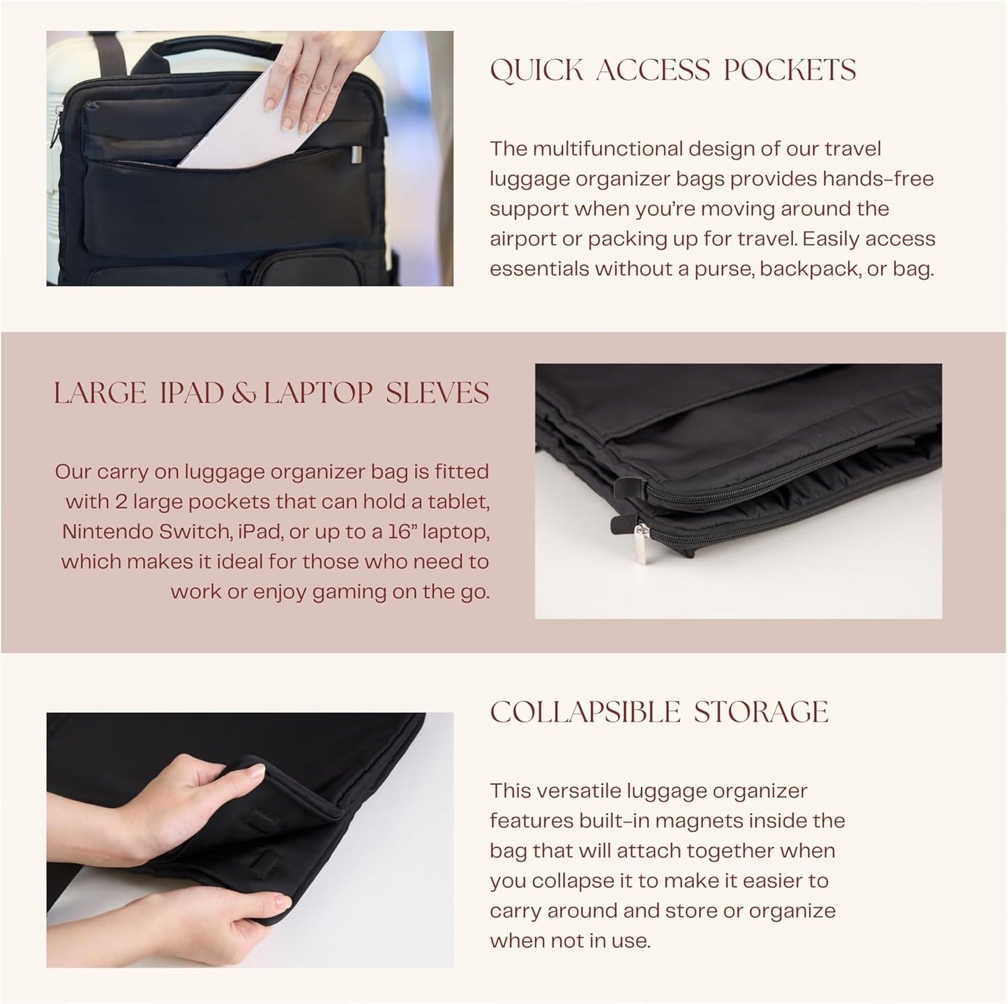 Travel Organizer for Carry-On & Suitcase - 16” Laptop Sleeve, Storage Pockets & Adjustable Straps (Black)