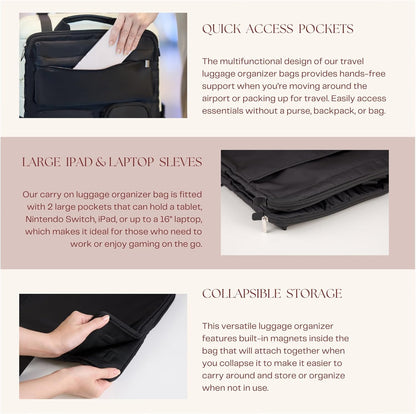 Travel Organizer for Carry-On & Suitcase - 16” Laptop Sleeve, Storage Pockets & Adjustable Straps (Black)