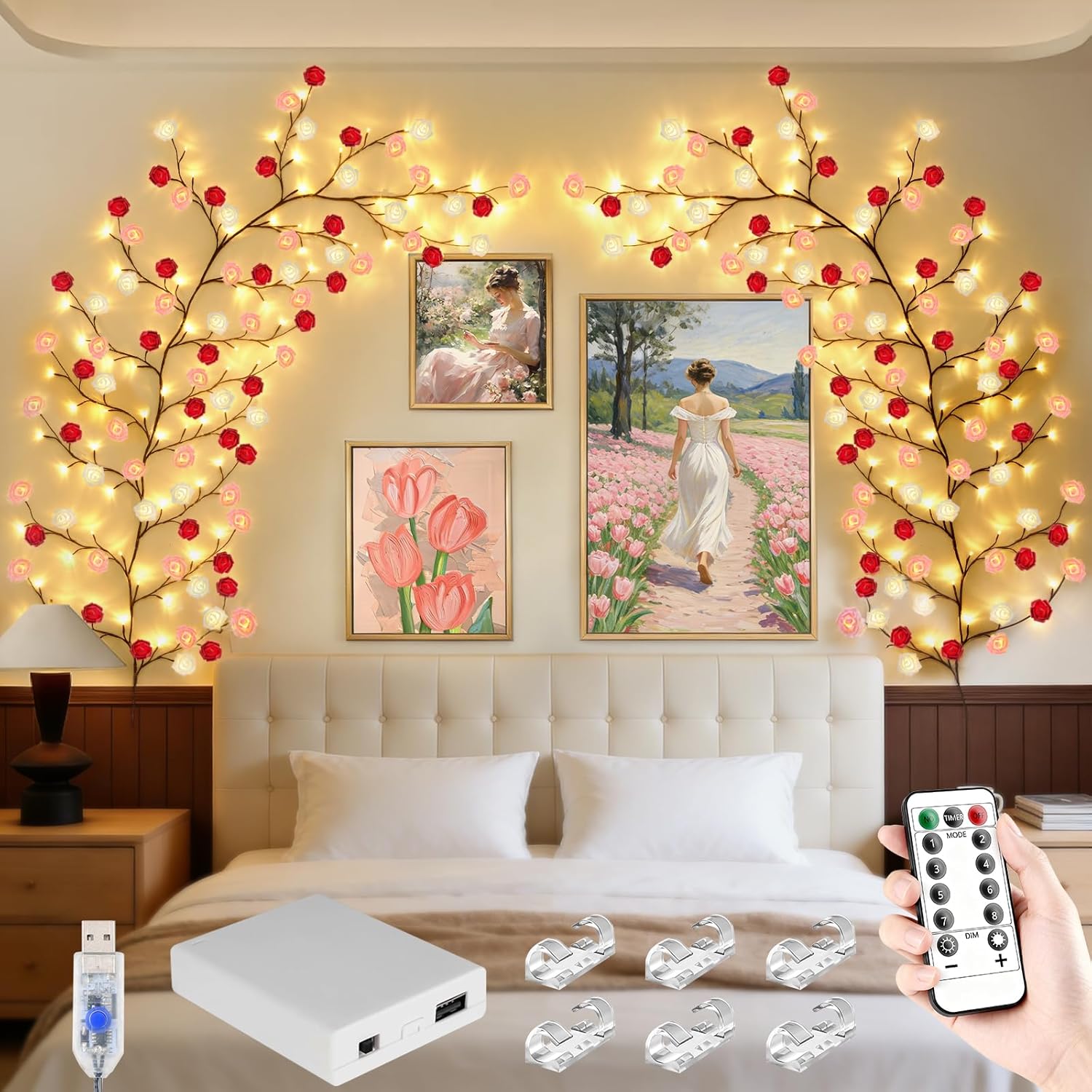 4FT Pink Cherry Blossom Vine Lights - 48 LED Enchanted Willow Branches with Remote Timer, 8 Light Modes, Perfect for Bedroom, Weddings & Christmas Decor, USB Battery Operated