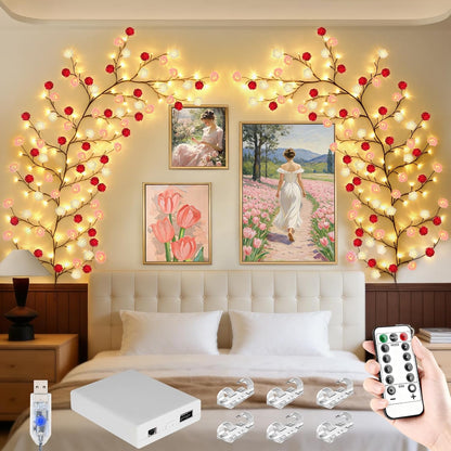 4FT Pink Cherry Blossom Vine Lights - 48 LED Enchanted Willow Branches with Remote Timer, 8 Light Modes, Perfect for Bedroom, Weddings & Christmas Decor, USB Battery Operated