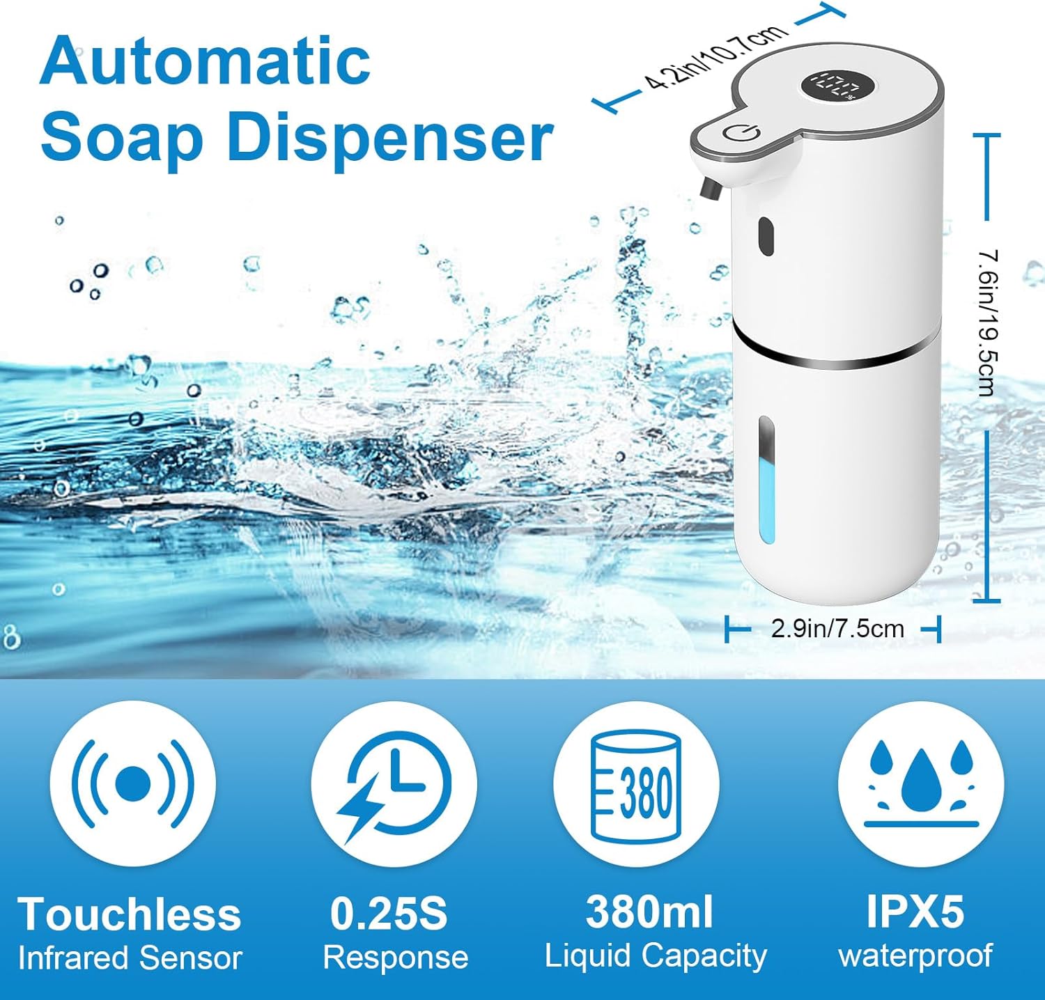 Touchless Automatic Liquid Soap Dispenser - USB Rechargeable, Adjustable 6 Levels, 12.8Oz Wall Mounted for Kitchen & Bathroom - Sleek White Design
