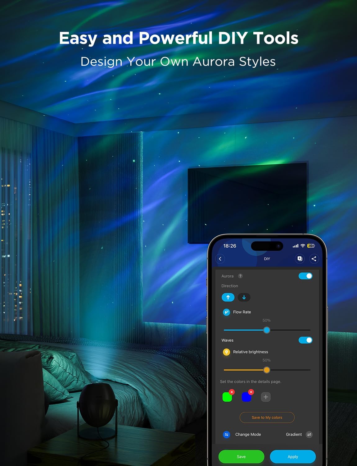 Star Light Projector - 3 Aurora Effects, Smart Home Compatible, 52 Scene Modes & 18 White Noise Options for Ultimate Relaxation