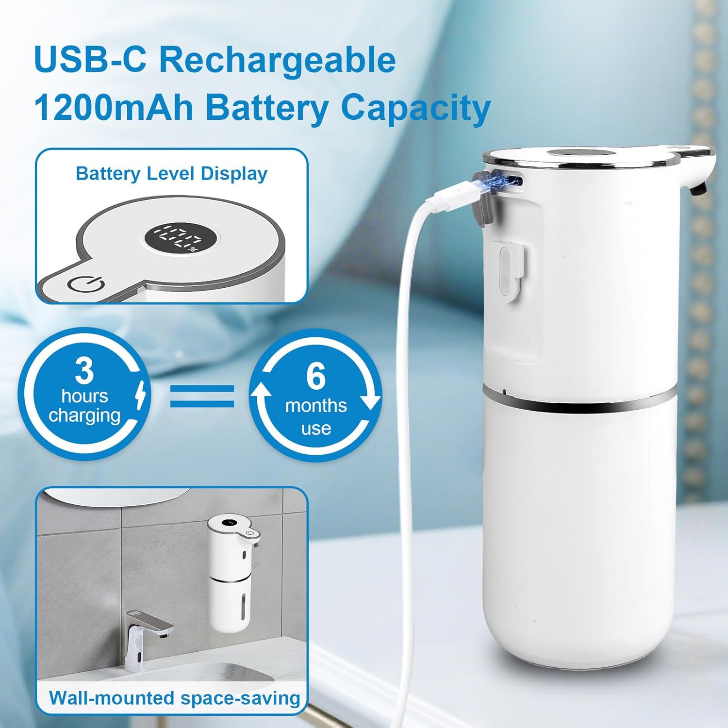 Touchless Automatic Liquid Soap Dispenser - USB Rechargeable, Adjustable 6 Levels, 12.8Oz Wall Mounted for Kitchen & Bathroom - Sleek White Design