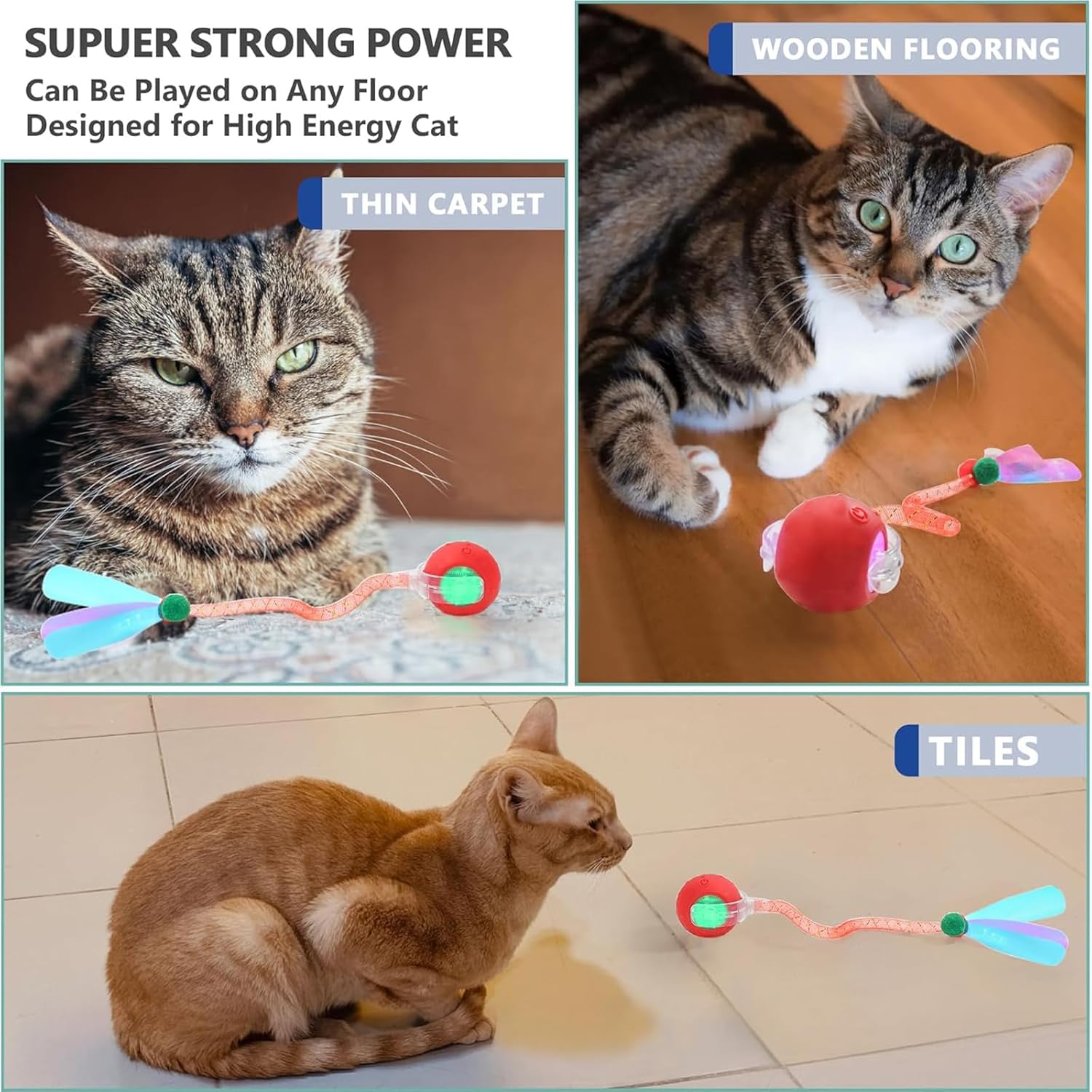 Agile Moving Cat Ball with Elastic Mesh Tail -360° Automatic Rolling- Interactive Automatic Toy for Bored Indoor Cats & Dogs