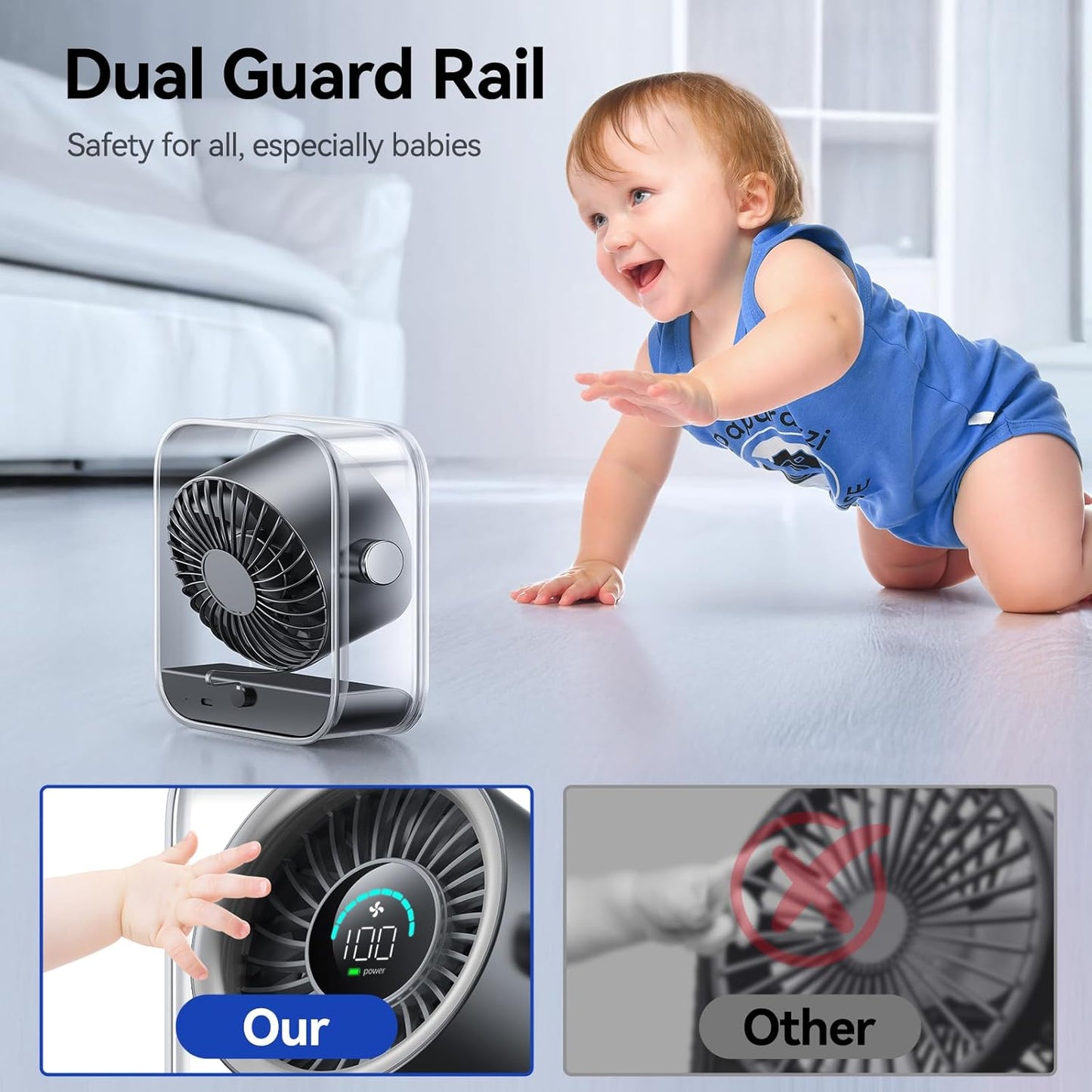 Rechargeable USB Desk Fan - Ultra Quiet, 100 Speed Turbo Airflow, Digital Display & 90° Rotation - Perfect for Home, Office & Travel - Compact & Portable in Black