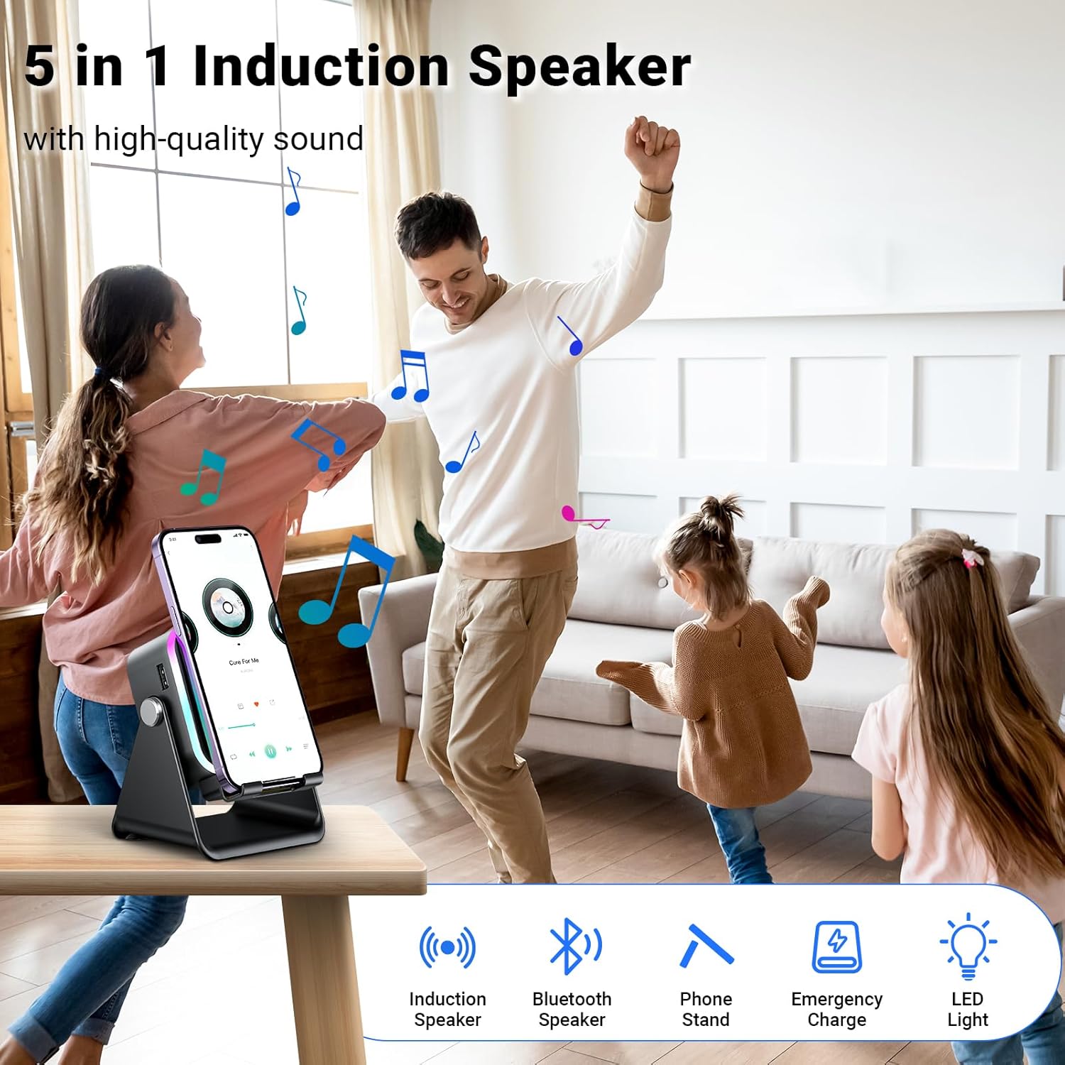 5-in-1 Wireless Induction Speaker & Phone Stand - Colorful Rechargeable Bluetooth Audio for iPhone & Android - Perfect Birthday Gift for Men, Women & Teens (Black)