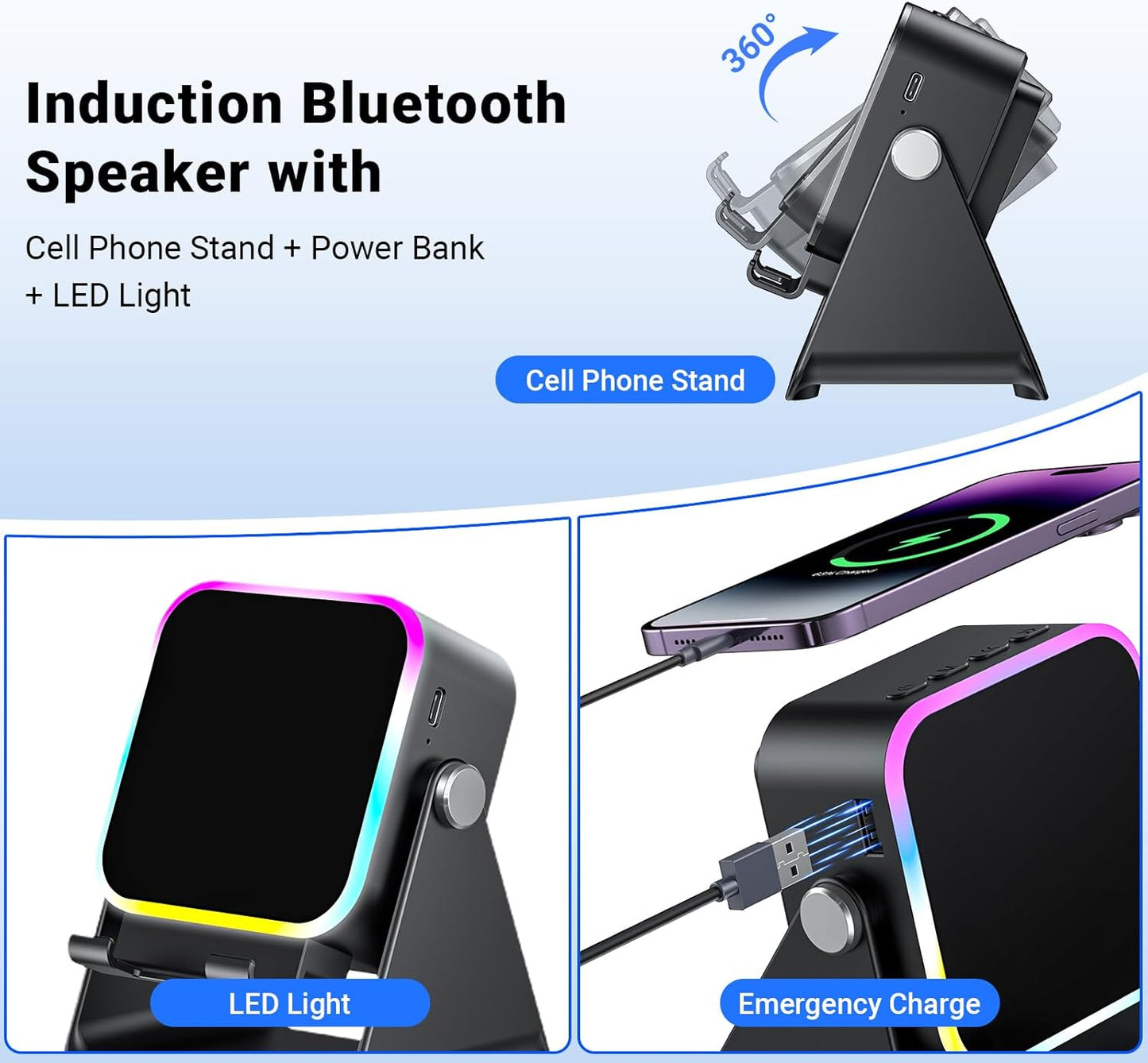 5-in-1 Wireless Induction Speaker & Phone Stand - Colorful Rechargeable Bluetooth Audio for iPhone & Android - Perfect Birthday Gift for Men, Women & Teens (Black)
